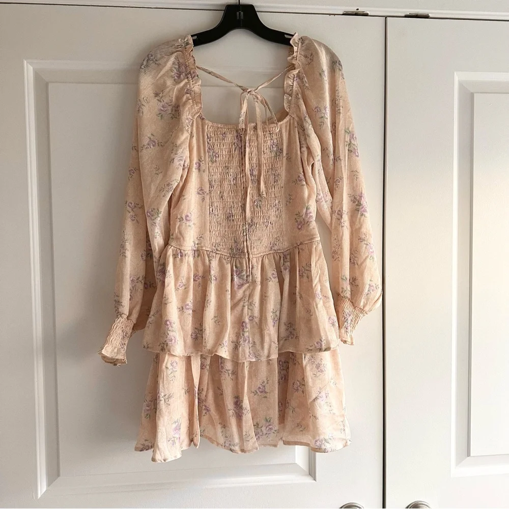 Francesca’s Molly Floral Tiered Long-Sleeve Mini Dress in Pink & Purple NWT